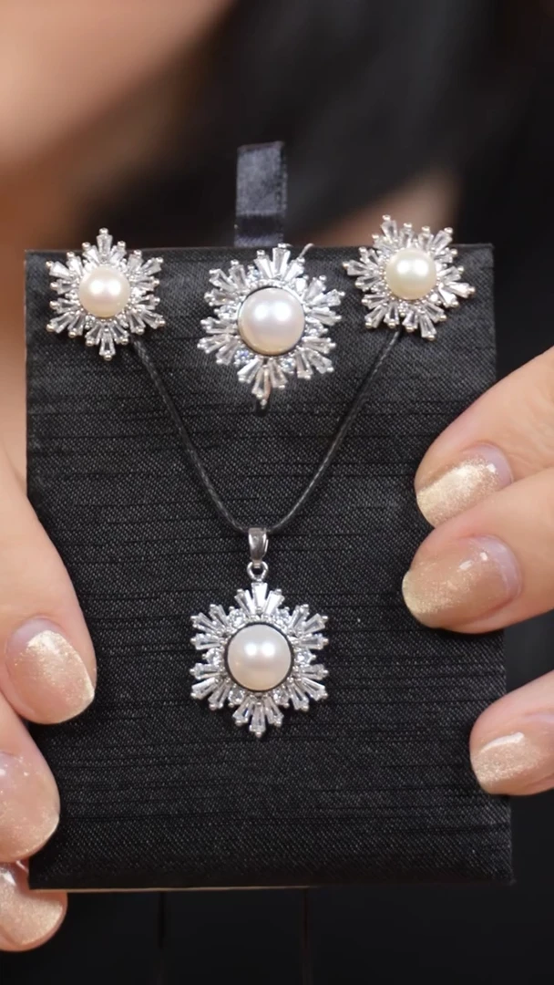 银S925镶嵌淡水珍珠吊坠戒指耳钉珍珠三件套-HLW1687