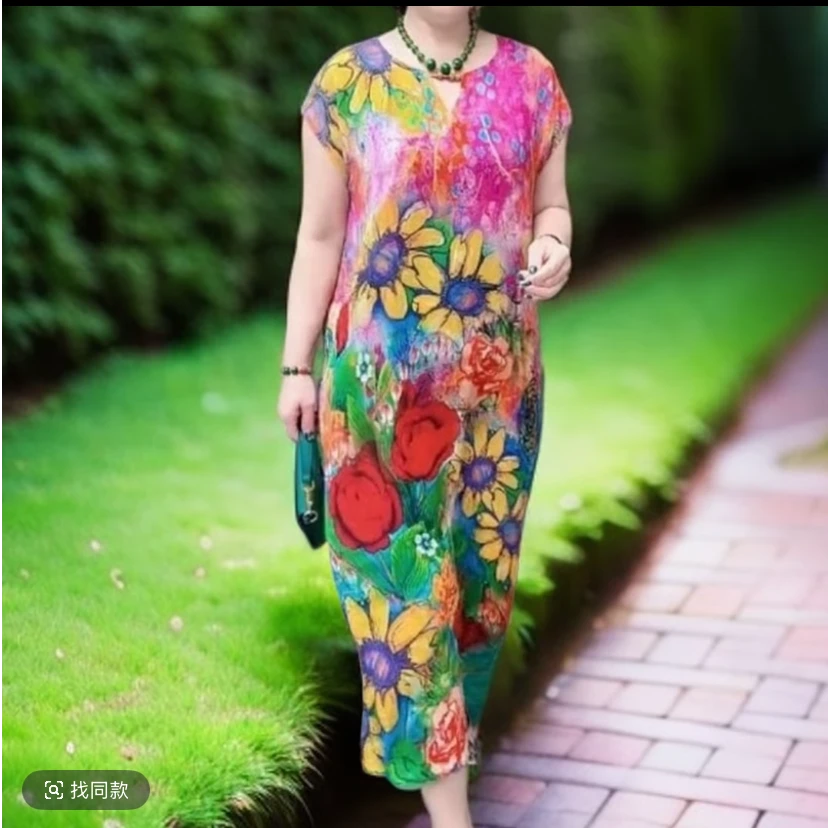 中长裙夏季短袖植物花卉连衣裙女款国风新复古风中长款大码妈妈装