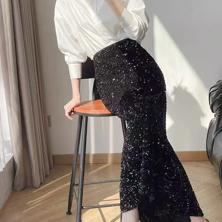 纯色亮片半身裙女秋冬款高腰设计感小众松紧腰显瘦半身裙鱼尾裙