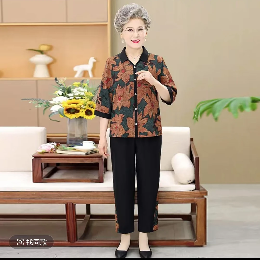 8452-H中老年人夏装女翻领衬衫妈妈洋气套装衣服新仓库21-3-4