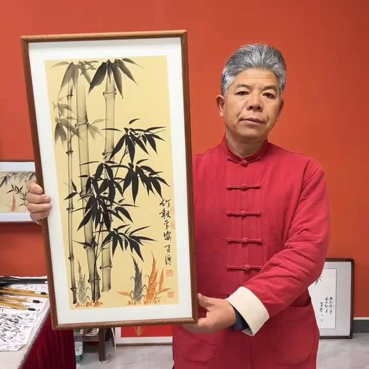 张富民手绘作品/竹报平安（乌檀木实木框）（竖版）/36*69厘米左右