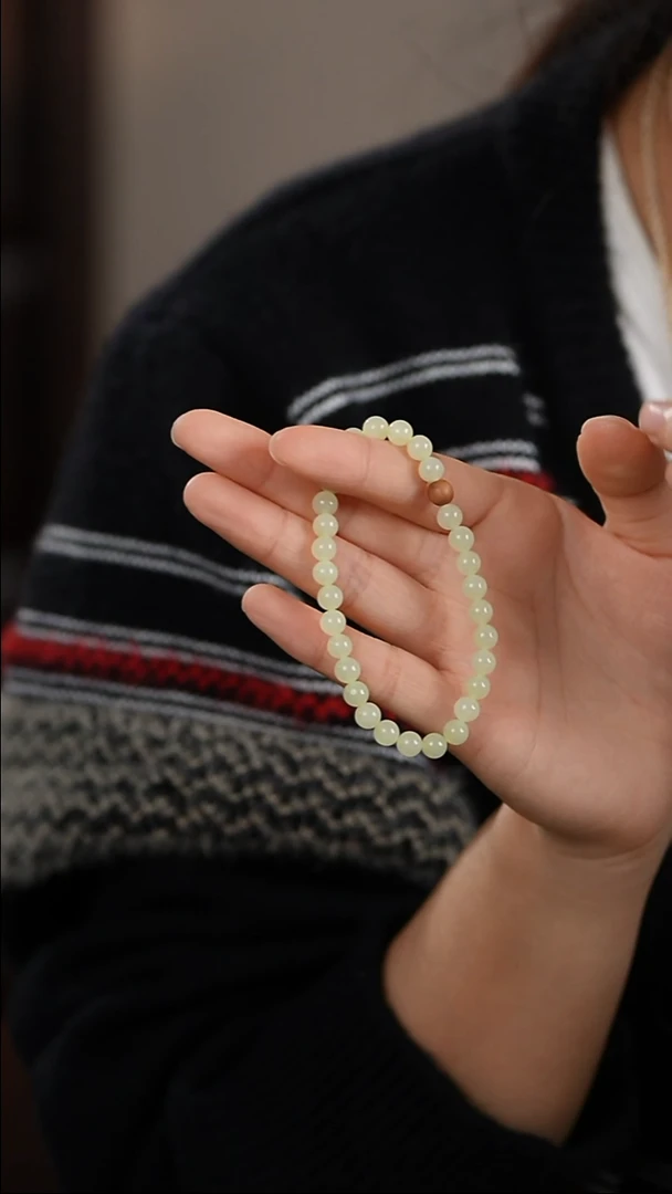 银S925镶嵌手链和田玉新疆若羌黄口黄玉卡6mm手串