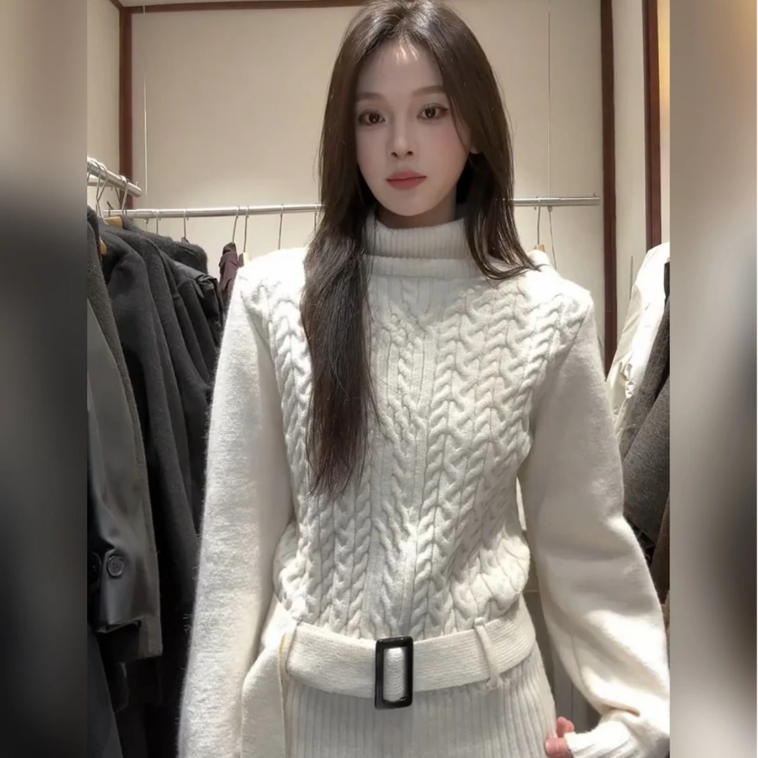 冬日加绒韩版女装新款2025收腰修身绑带纯色高领套头白色毛衣秋冬