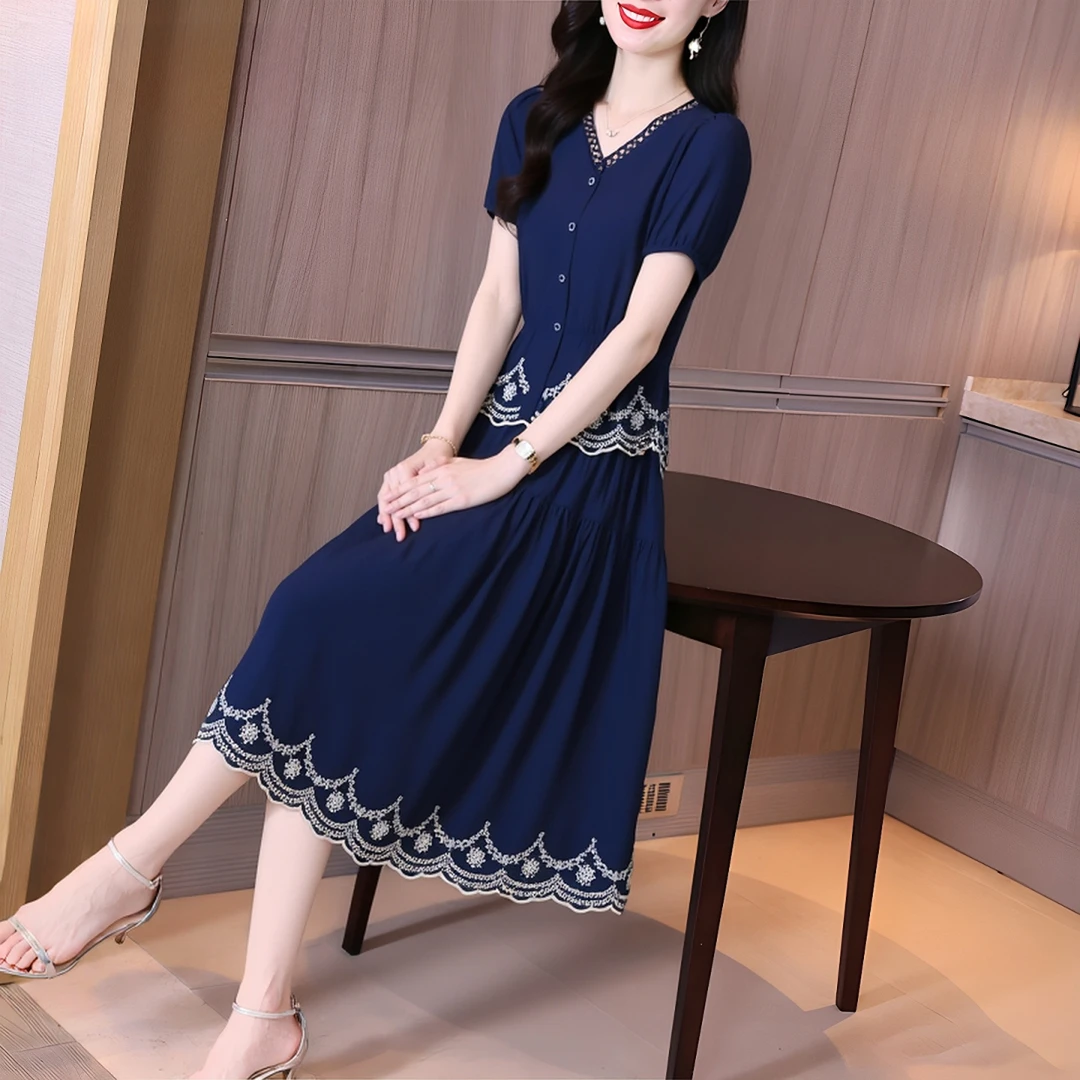 2025年夏季轻奢高级感国风棉绸宽松遮肚巨好看两件套装减龄连衣裙