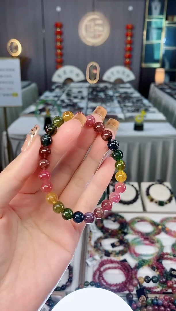 未镶嵌老矿碧玺色标彩虹透体单圈手串7mm+碧玺dan多样性发货一条