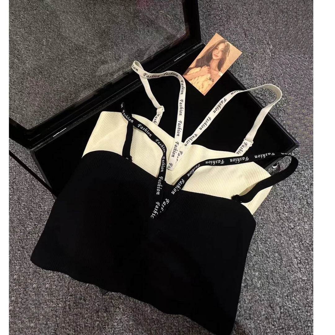 浠儿家•胸前挂脖英文设计感吊带背心百搭美背