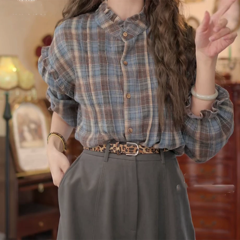 【蓝调爵士】秋款上新港风复古风蓝格子休闲宽松长袖衬衫上衣C6404