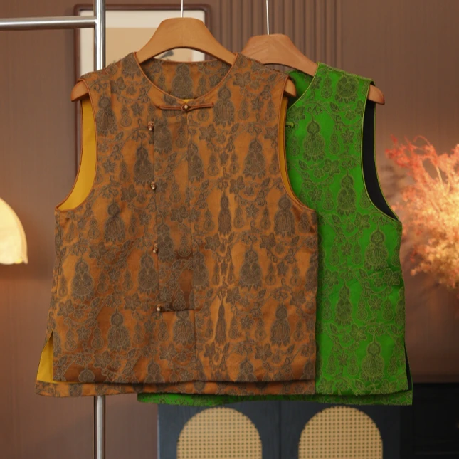 【福禄多多】新中式国风圆领织花马甲女秋冬新款斜襟宽松马夹背心