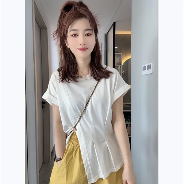 法式设计感开叉褶皱飞飞袖T恤2025新款休闲百搭显瘦纯色短袖上衣