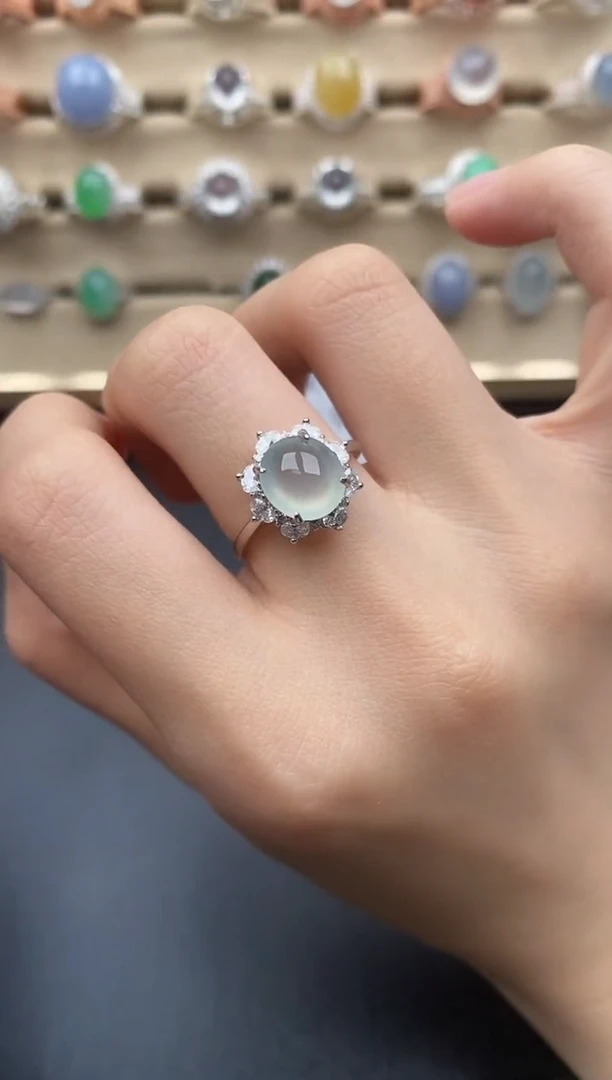 翡翠戒指银S925镶嵌一物一证一礼盒