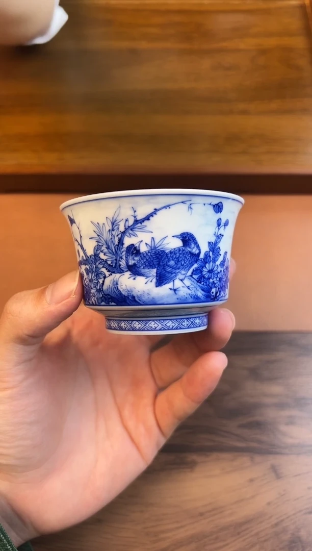 问青坊纯手工手绘青花鹌鹑柴窑直口杯