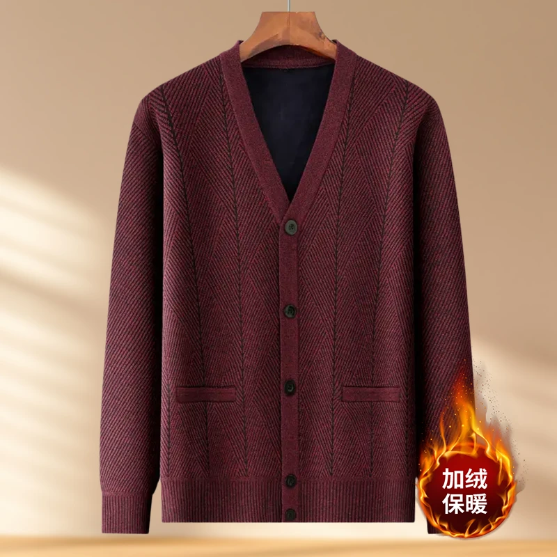 中老年针织衫冬季针织提花纽扣V领加绒保暖毛衣开衫秋冬季打底衫