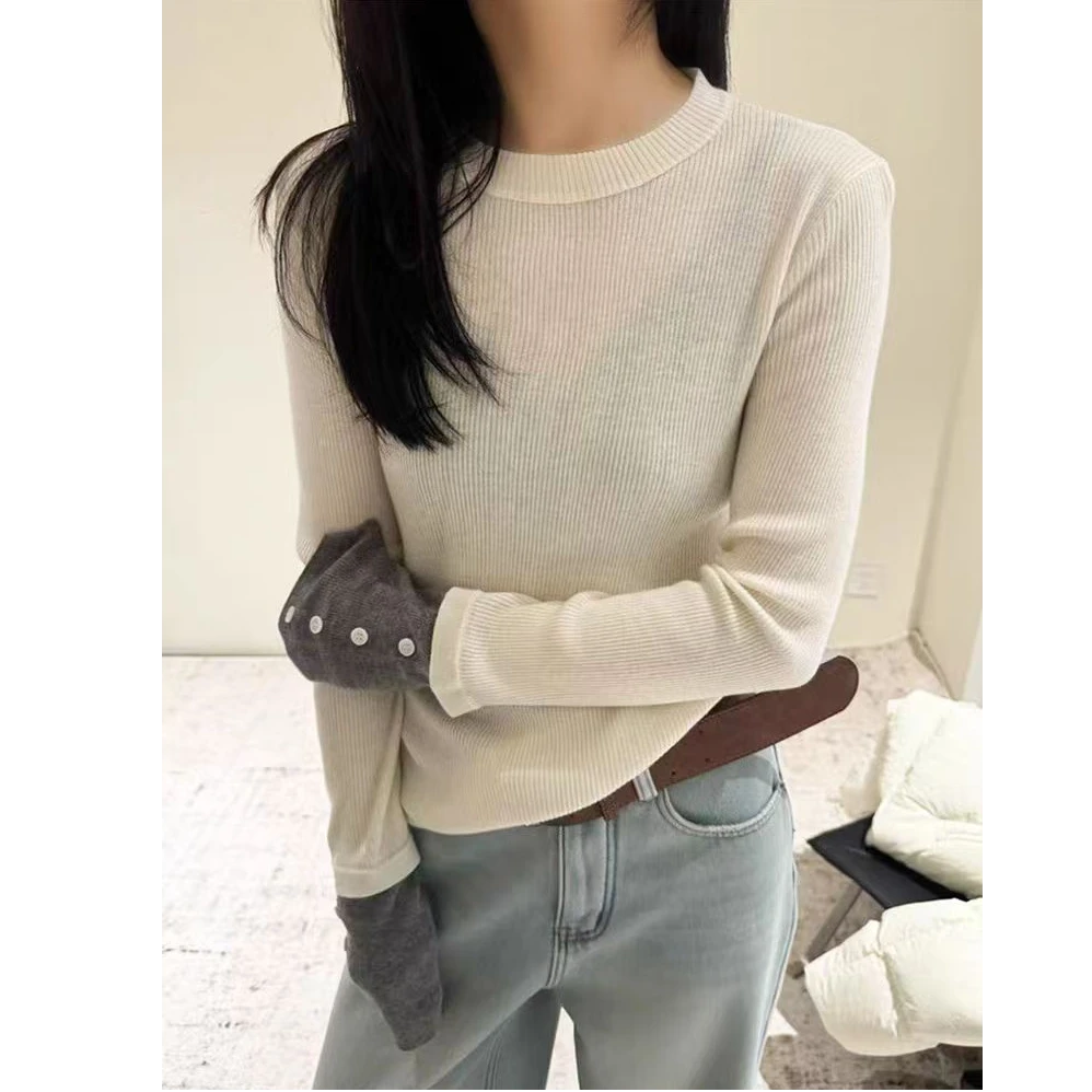 【MY SHAN】冬新款撞色圆领纽扣针织打底时尚洋气百搭修身打底8832