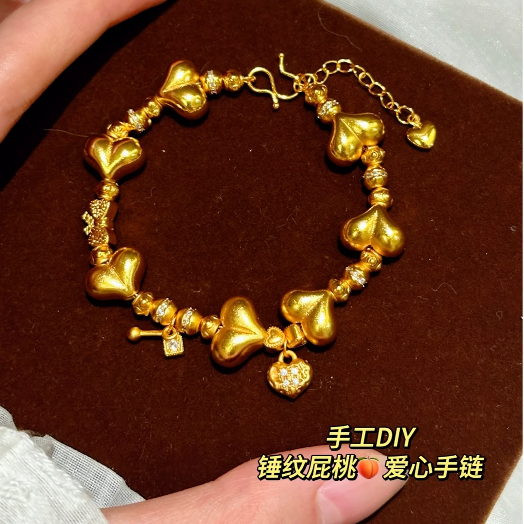 铜合金锆石手链 锤纹屁桃爱心手链手工DIY可爱淑女风金色爱心手链