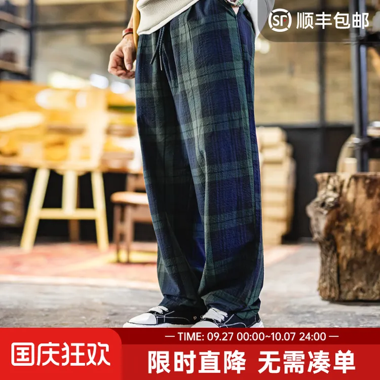 马登工装复古休闲苏格兰格子裤泡泡纱肌理感蓝绿格纹长裤子男夏秋
