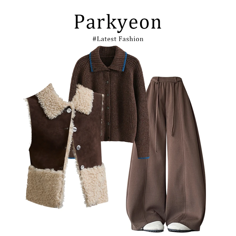 美拉德复古翻领马甲背心叠穿打底衫上衣休闲裤三件套装