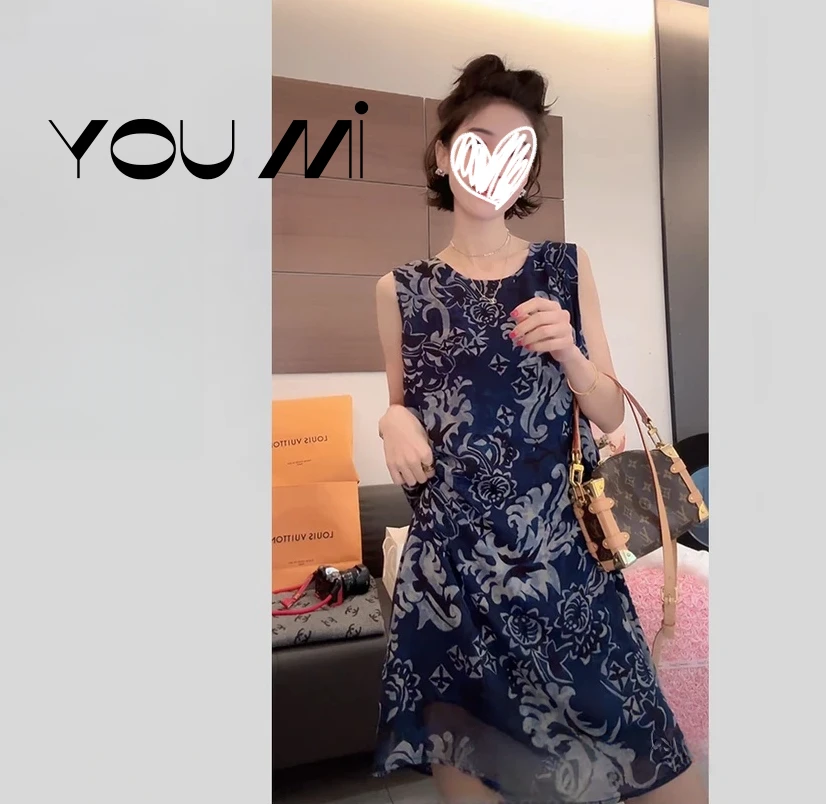 （送腰带）夏季提花满印百搭无袖连衣裙1529