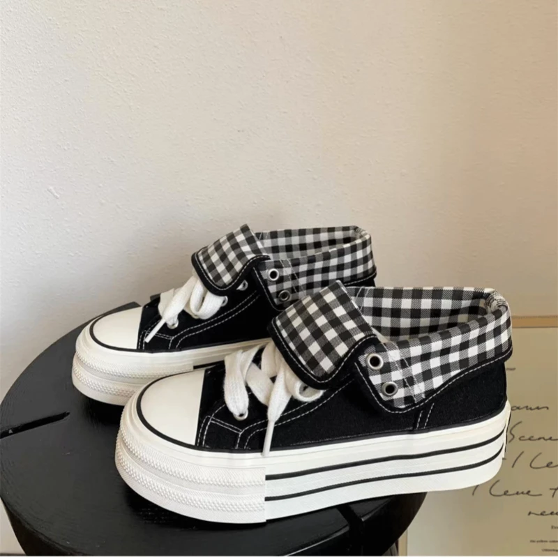 时尚厚底格子小众ins潮设计休闲百搭厚底折叠帆布鞋学院2025新款