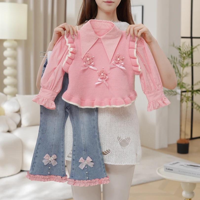 2025女童秋季新款高级感粉色衬衫针织马甲牛仔微辣裤套装QA30660