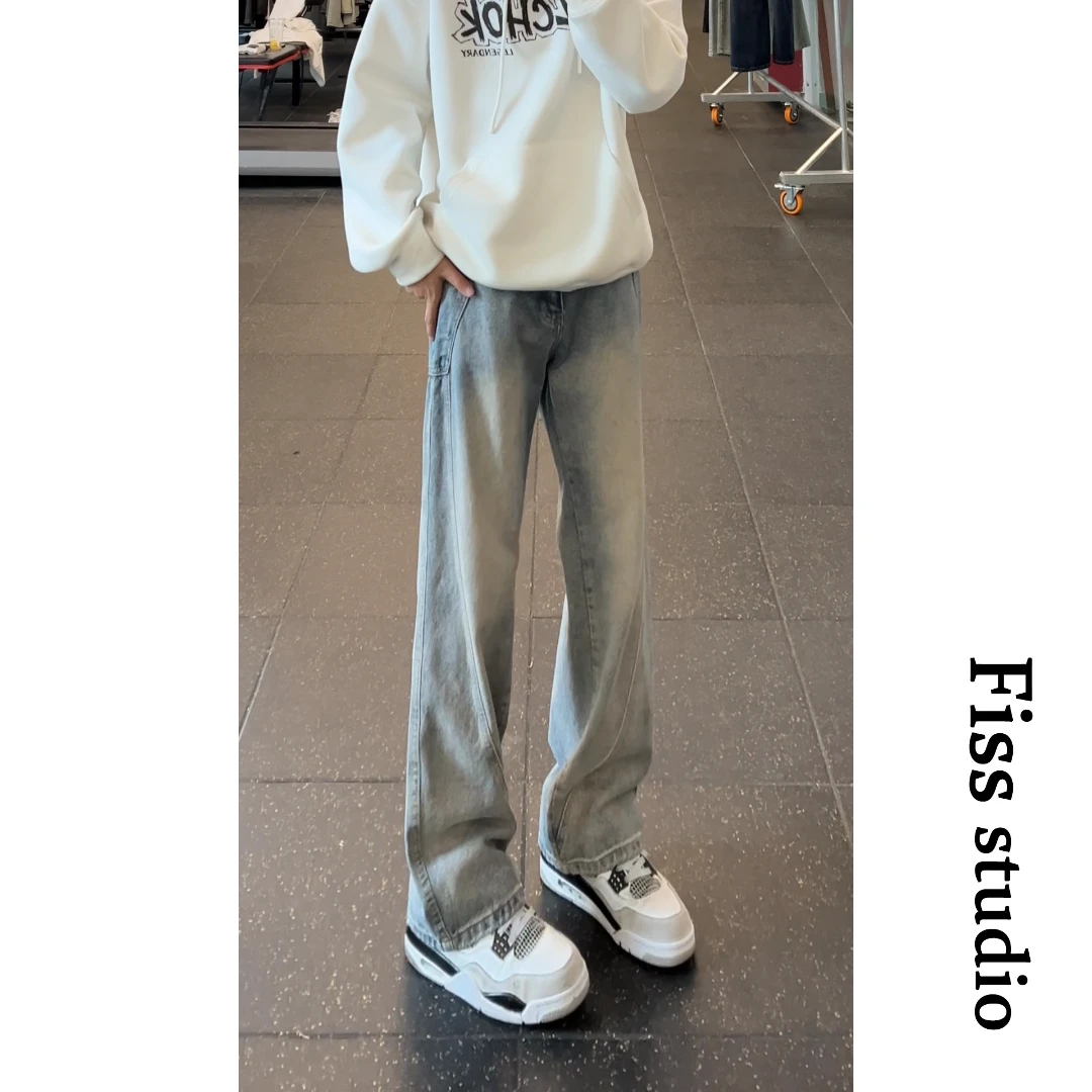 美式弯刀牛仔裤男女秋冬垂感直筒复古工装裤子拼接阔腿香蕉镰刀裤