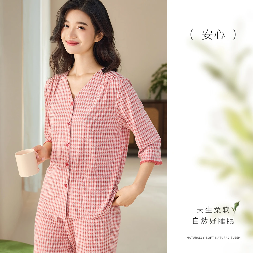 秋鹿人棉V领七分袖九分裤薄款格子睡衣春夏秋女套可机洗休闲
