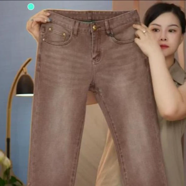 咖啡色秋季男士修身小直筒弹力牛仔裤欧货韩版百搭时尚休闲男裤子