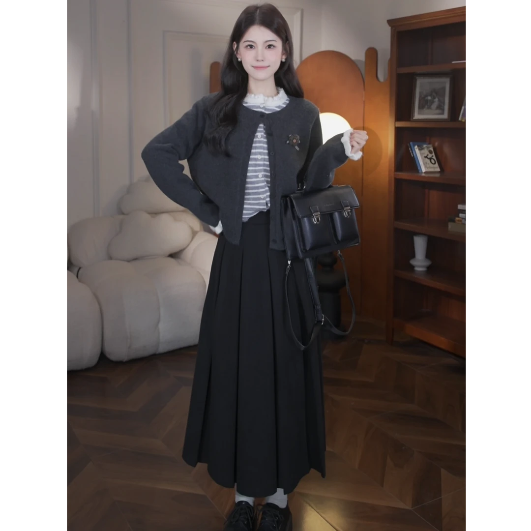 鹿向南【暮夕暖冬】秋季新款韩系慵懒假两件针织衫半裙套装女