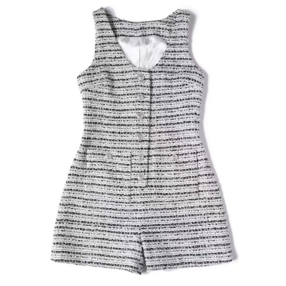 粗花呢灰白条纹背带连体裤0055