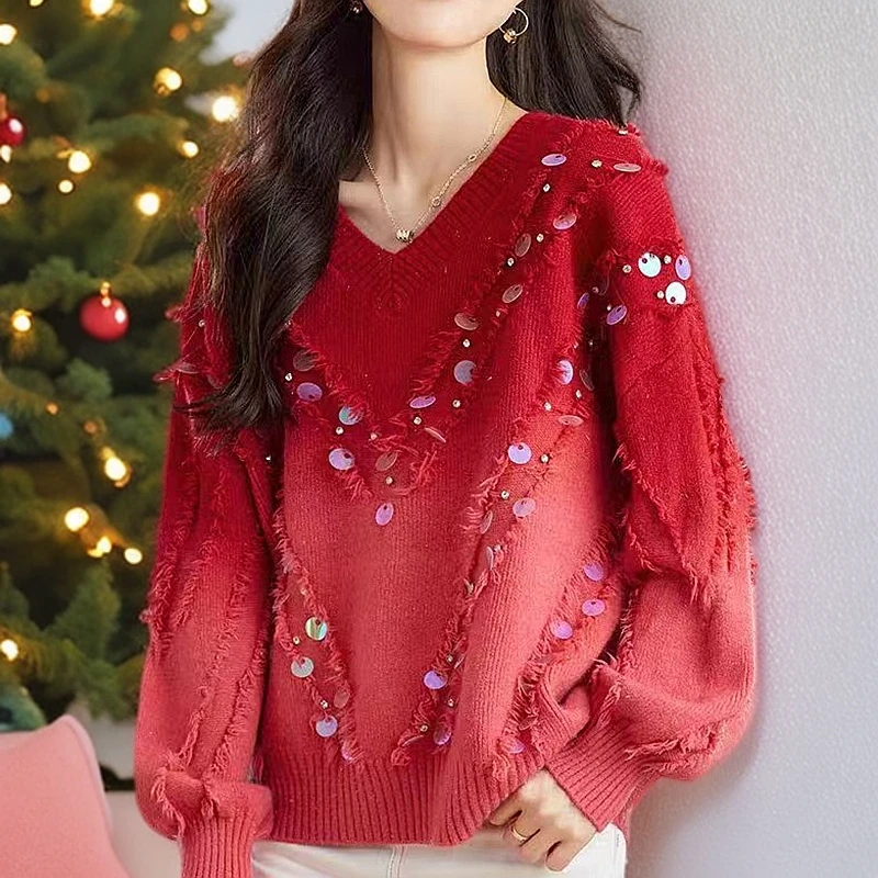 慵懒风渐变色亮片毛衣气质V领宽松休闲针织衫减龄打底上衣女秋冬