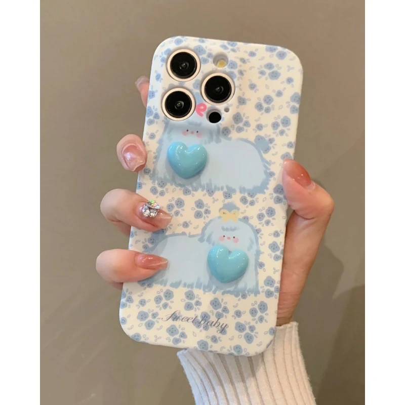 欧克里里ins立体爱心碎花狗适用苹果16手机壳华为P70vivo小米oppo