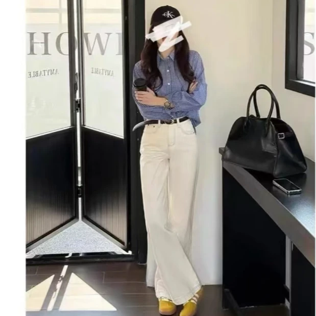 【婷婷专属】米杏色牛仔裤女高腰休闲宽松复古显瘦显腿长窄版阔腿裤