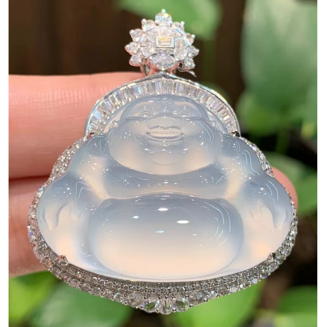 天然A货缅甸翡翠18K金镶嵌水润冰透大尺寸佛公吊坠380369