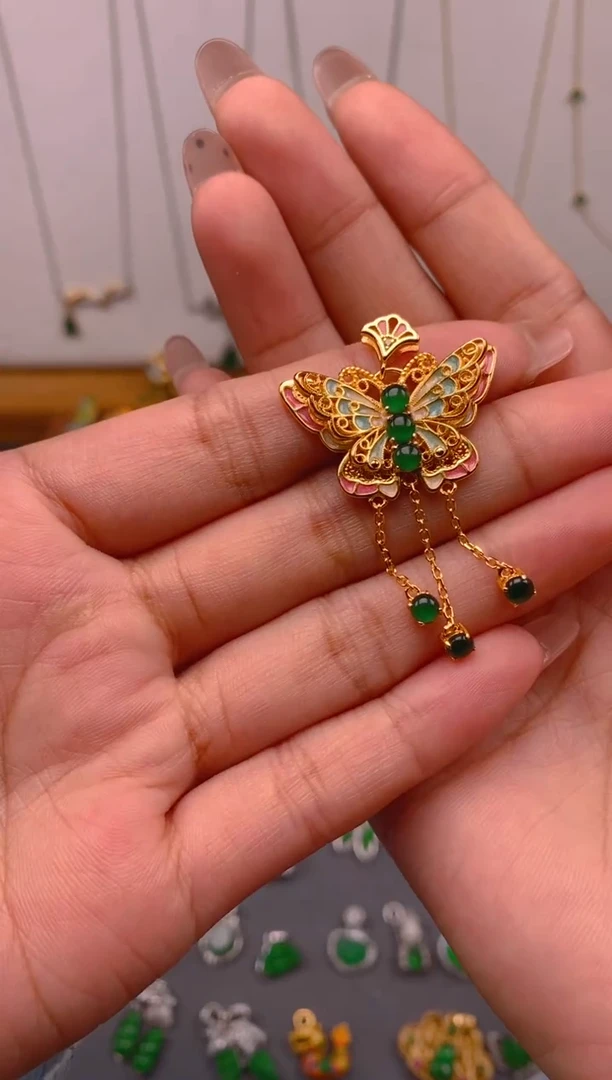 吊坠(不含链)银S925镶嵌翡翠蝴蝶