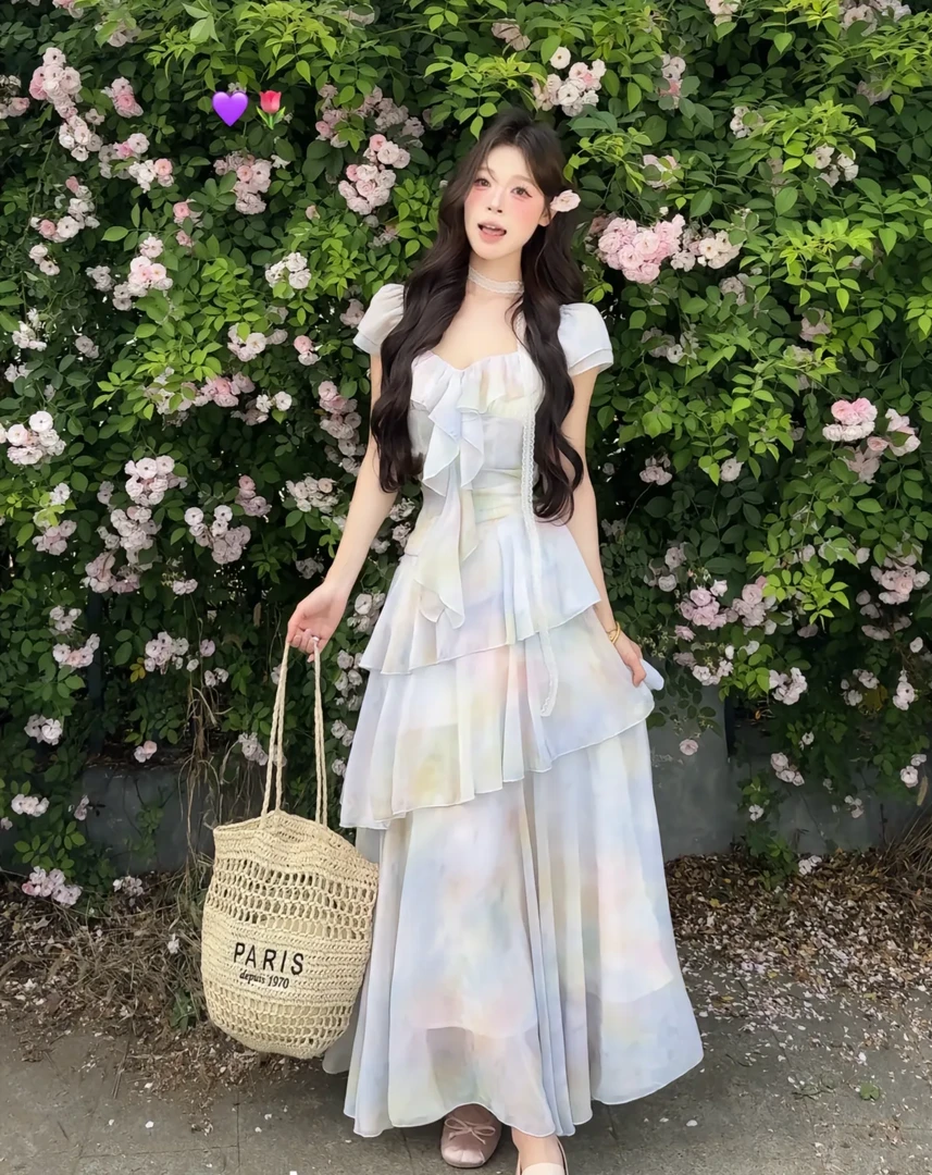 夏季法式方领泡泡袖显瘦气质甜美公主风连衣裙小众初恋复古少女
