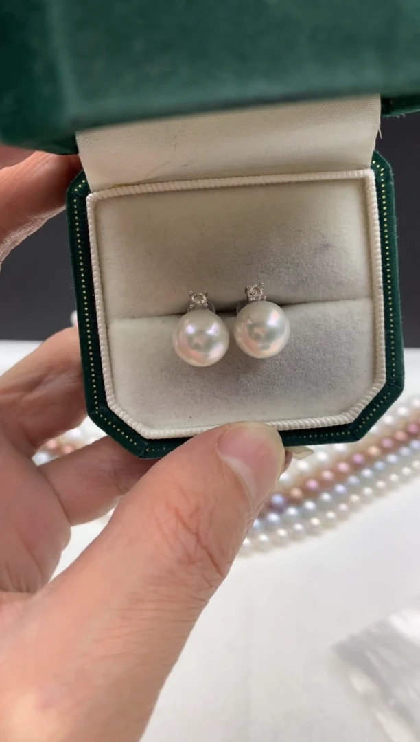 银S925镶嵌ff淡水珍珠白珠耳饰10~11mm