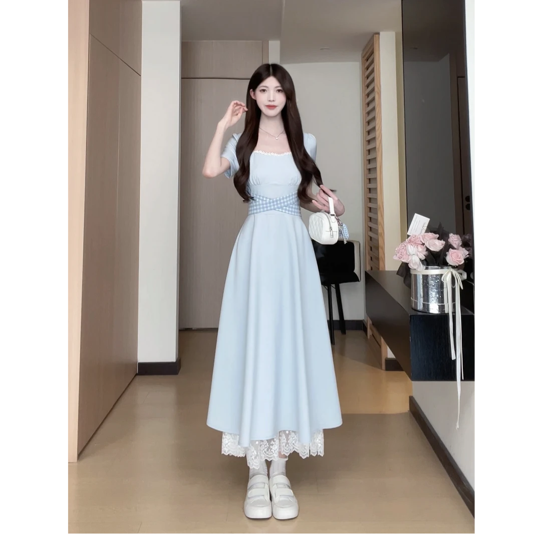 达人专属法式气质方领格子绑带夏季设计感时尚连衣裙B251Q0793