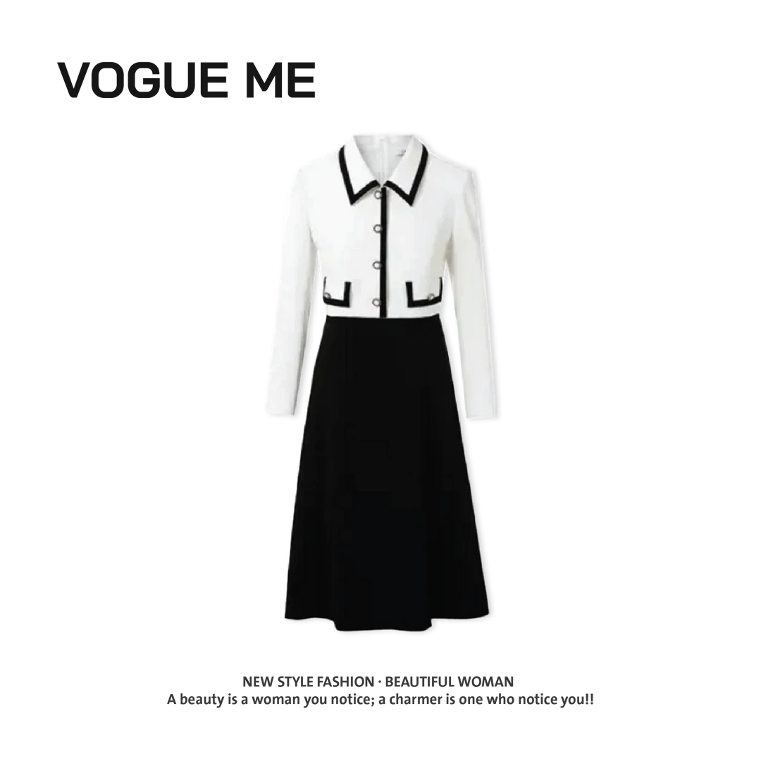 【朗】春秋气质时尚撞色修身假两件连衣裙-LZ642