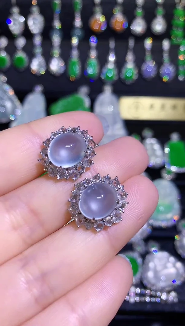 【闪购商品】翡翠耳饰18K金镶嵌玻璃种蛋面耳包不封底 