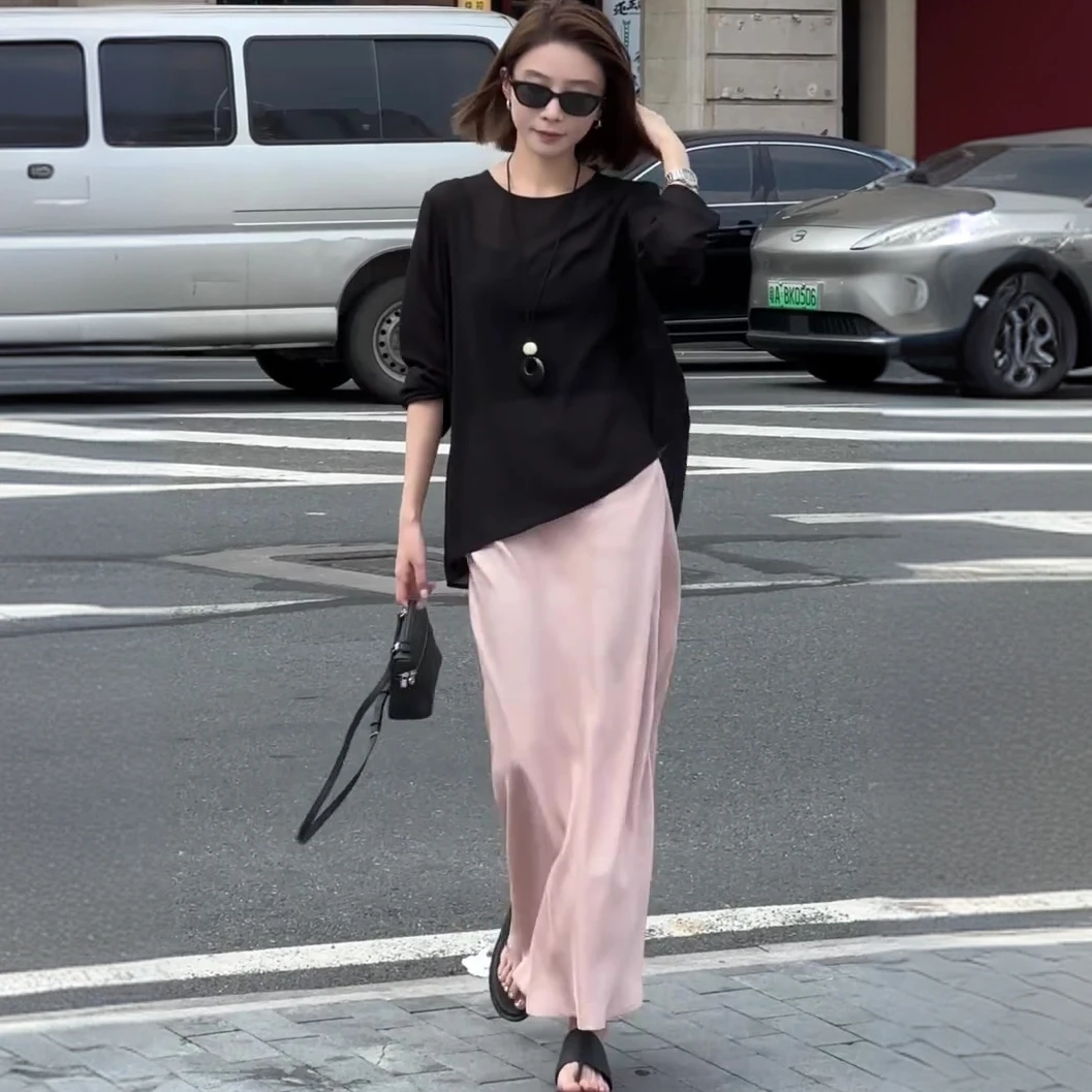 黑色长袖薄款防晒上衣女夏2025新款轻奢高级感开叉半身裙时尚套装