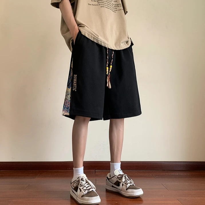 刺绣短裤男夏小熊拼接青少年五分运动裤潮牌宽松大码休闲裤大码