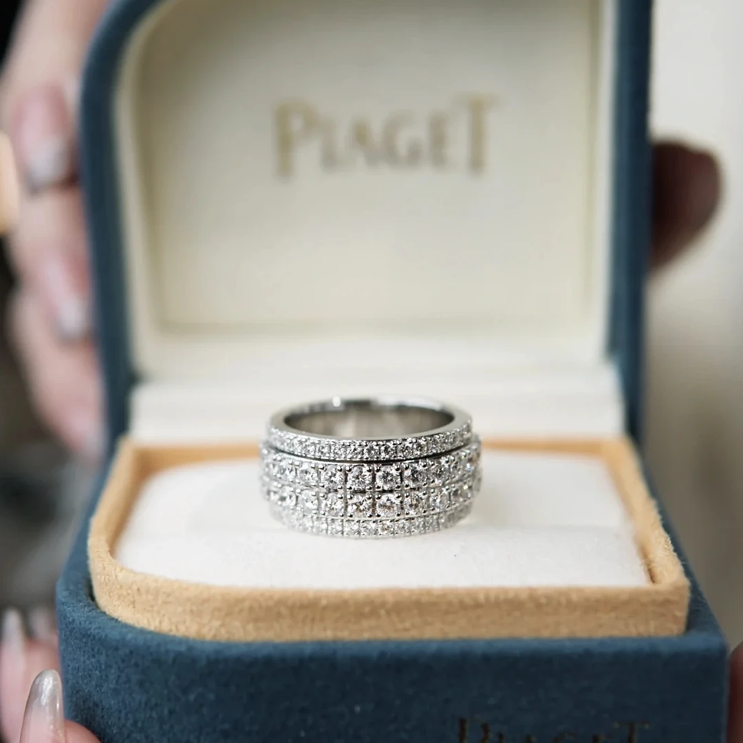99新 Piaget/伯爵 小花6珊 伯爵 满钻戒指 18k白金 55号