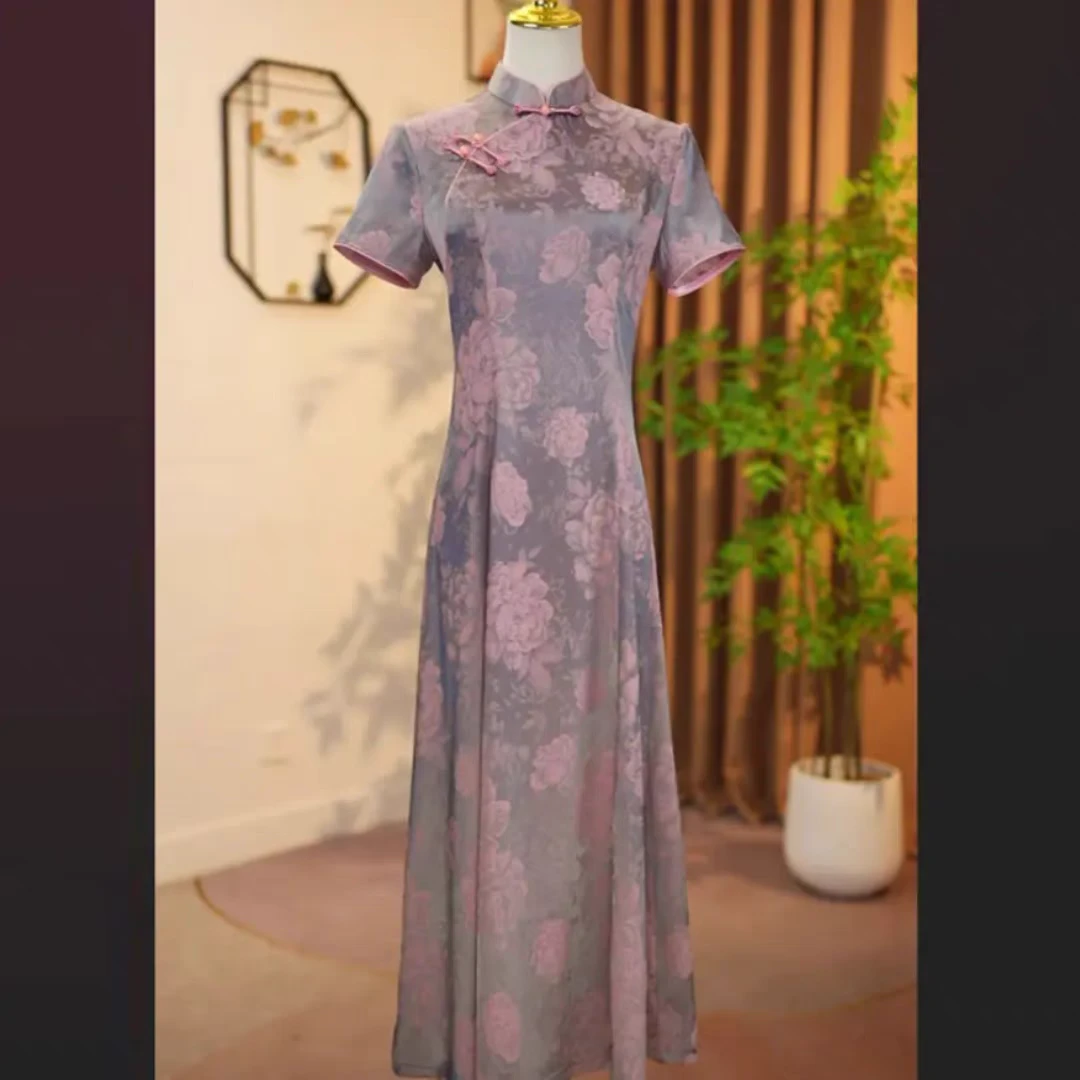 诺妮-粉色锦缎富贵提花A版改良旗袍