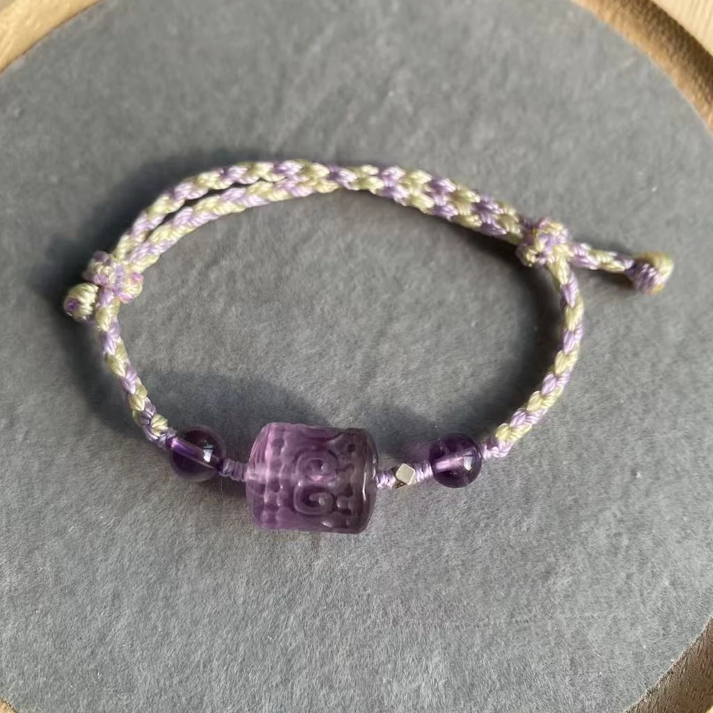 原创天然紫水晶配饰回纹桶珠手工编织手绳