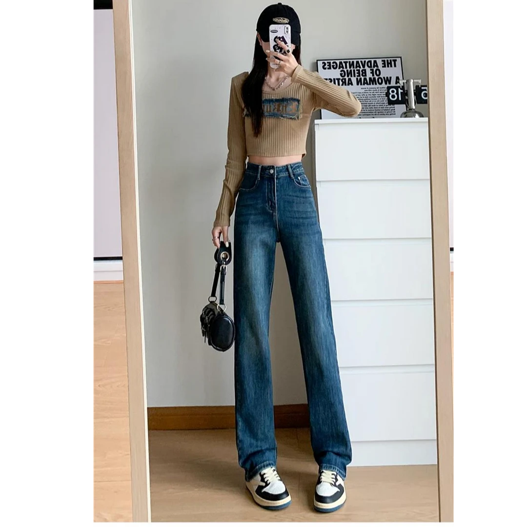 加绒窄版阔腿牛仔裤女小个子秋冬季2025年新款高腰复古烟管直筒裤