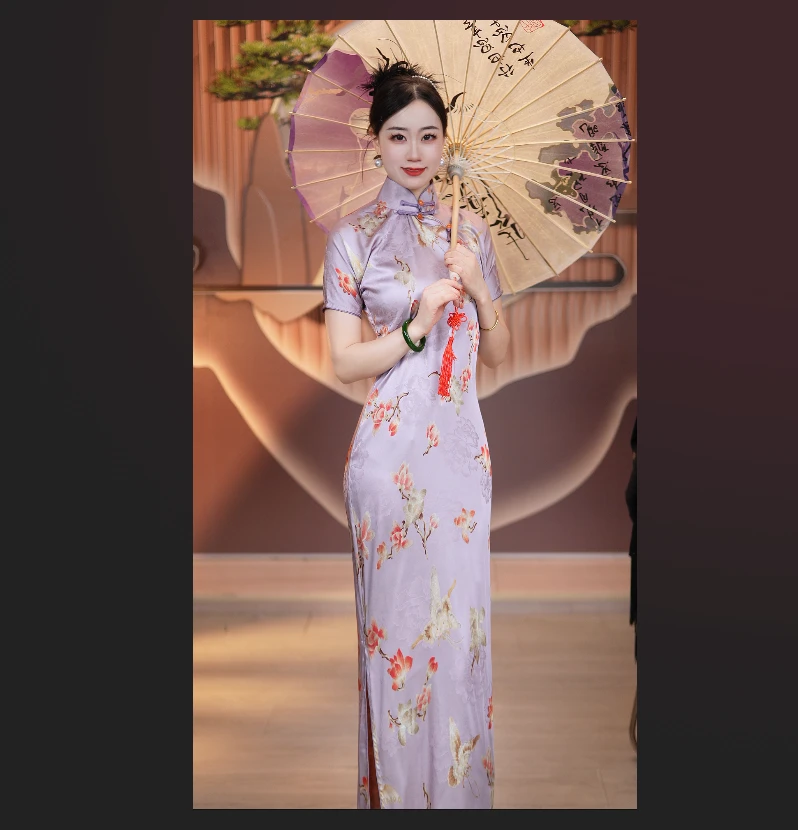 夏季复古港风旗袍日常短裙低开衩修身玉兰花