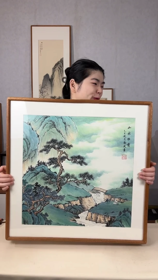 国画手绘*山水怡情*62*62cm实木框