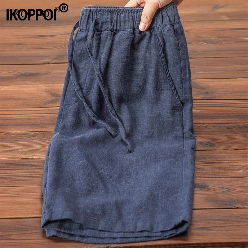 高端秋季松紧腰抽绳轻薄短裤纯色简约透气苎麻潮流沙滩休闲五分裤