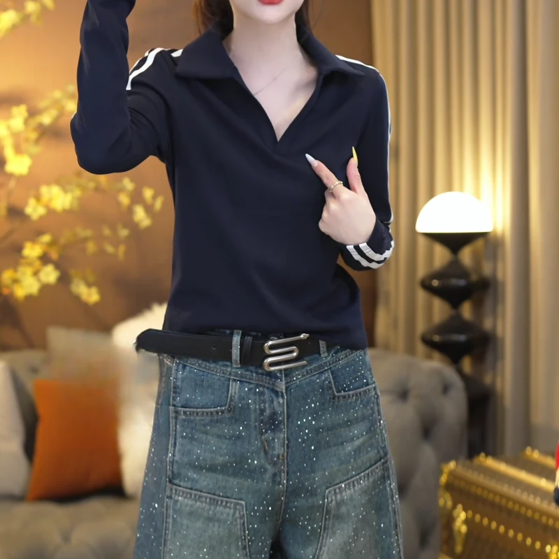 春季新款高级感洋气时尚条纹V领打底衫T恤设计师款LK2501559