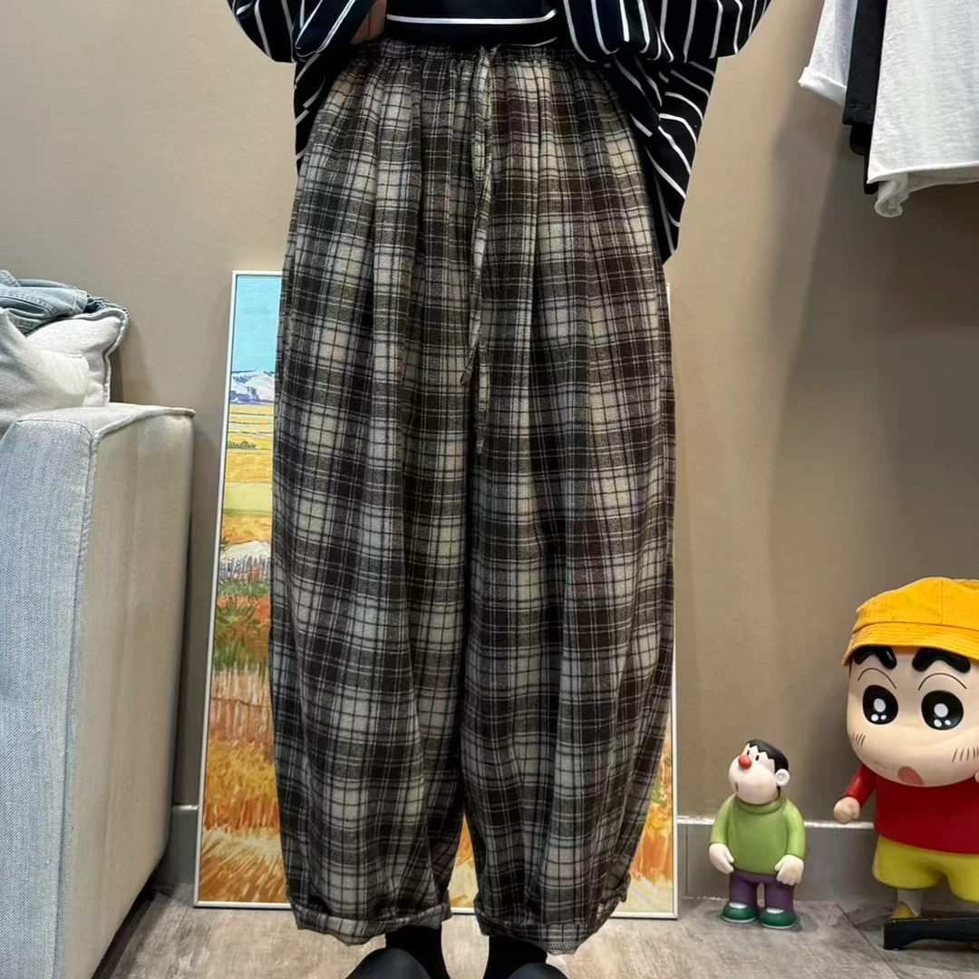 磨毛棉咖格子老爹裤女宽松