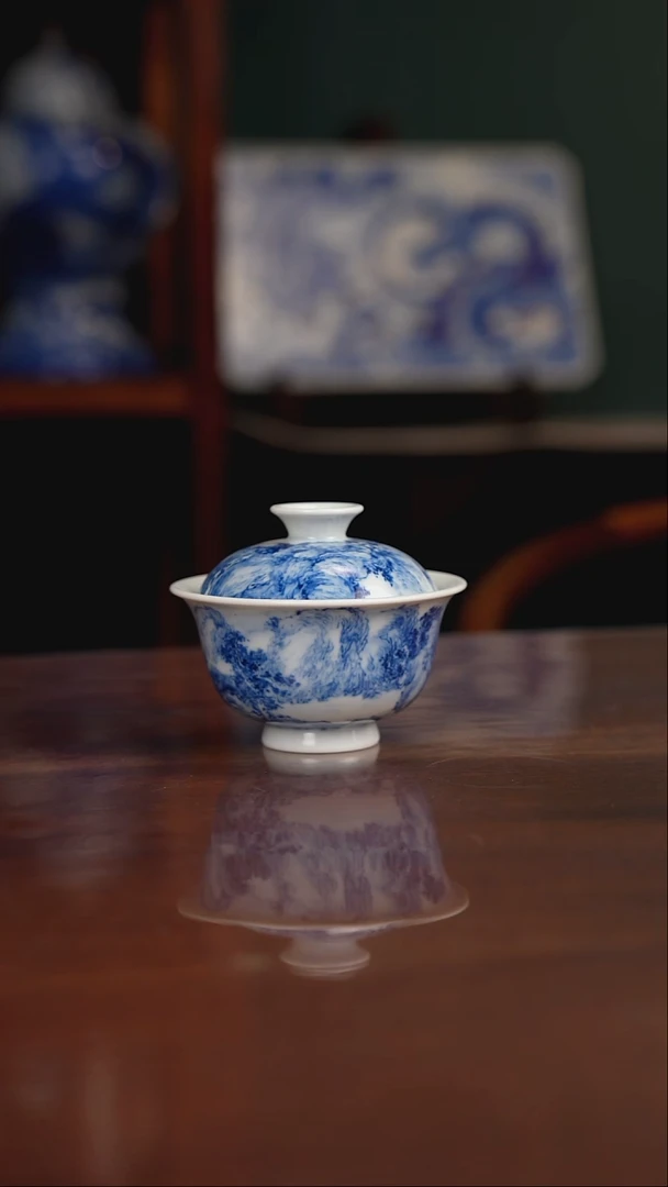 晓月柴窑 山水盖碗